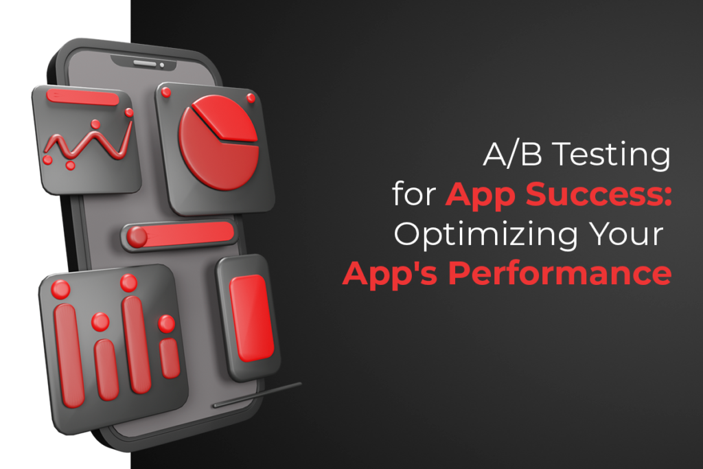 Illustration showcasing A/B testing process with two app screens, variations, and data analysis
