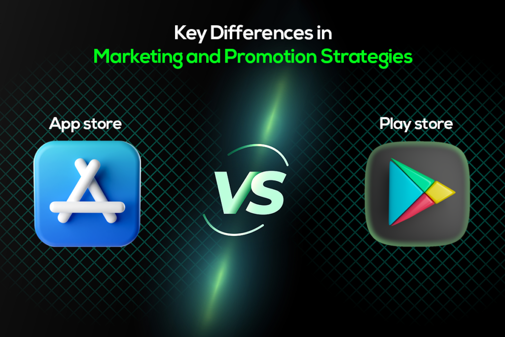 Illustration comparing App Store and Google Play Store logos, showcasing the competitive app marketing landscape.