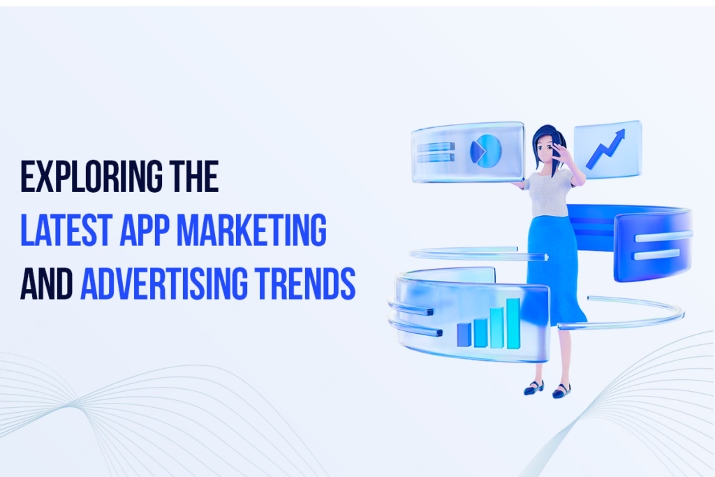 Image showcasing the dynamic app marketing landscape with icons representing influencer marketing, augmented reality, AI-driven personalization, and social media ads.