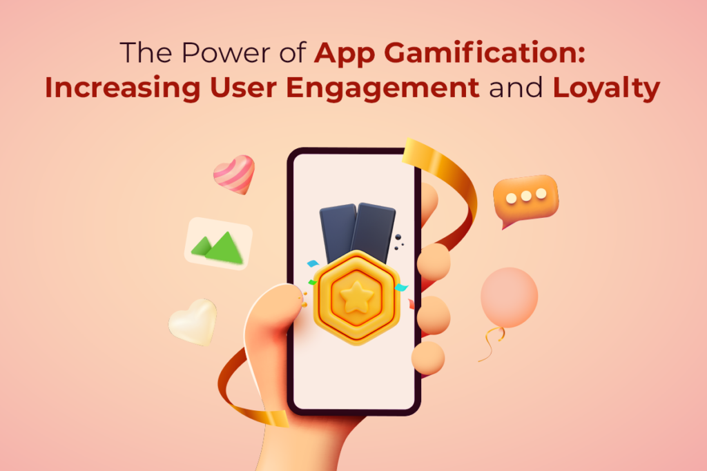 Illustration showcasing app gamification with users earning badges, participating in challenges, and enjoying personalized experiences.